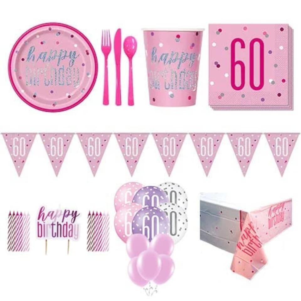 Pink Glitz 60th Birthday 16 Person Deluxe Party Pack