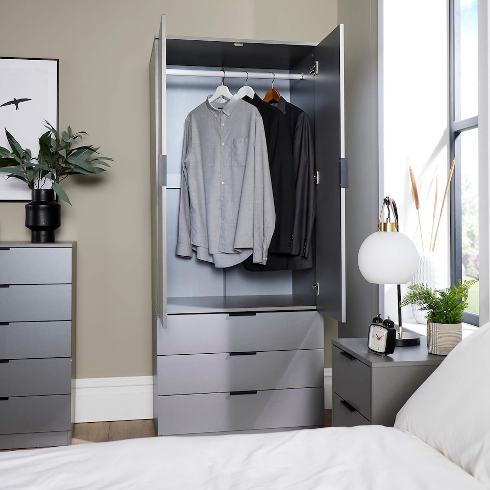 image 1 of Phoenix Wardrobe 2 Door 3 Drawers Bedroom Home Furniture Clothing Storage Shelf | Grey