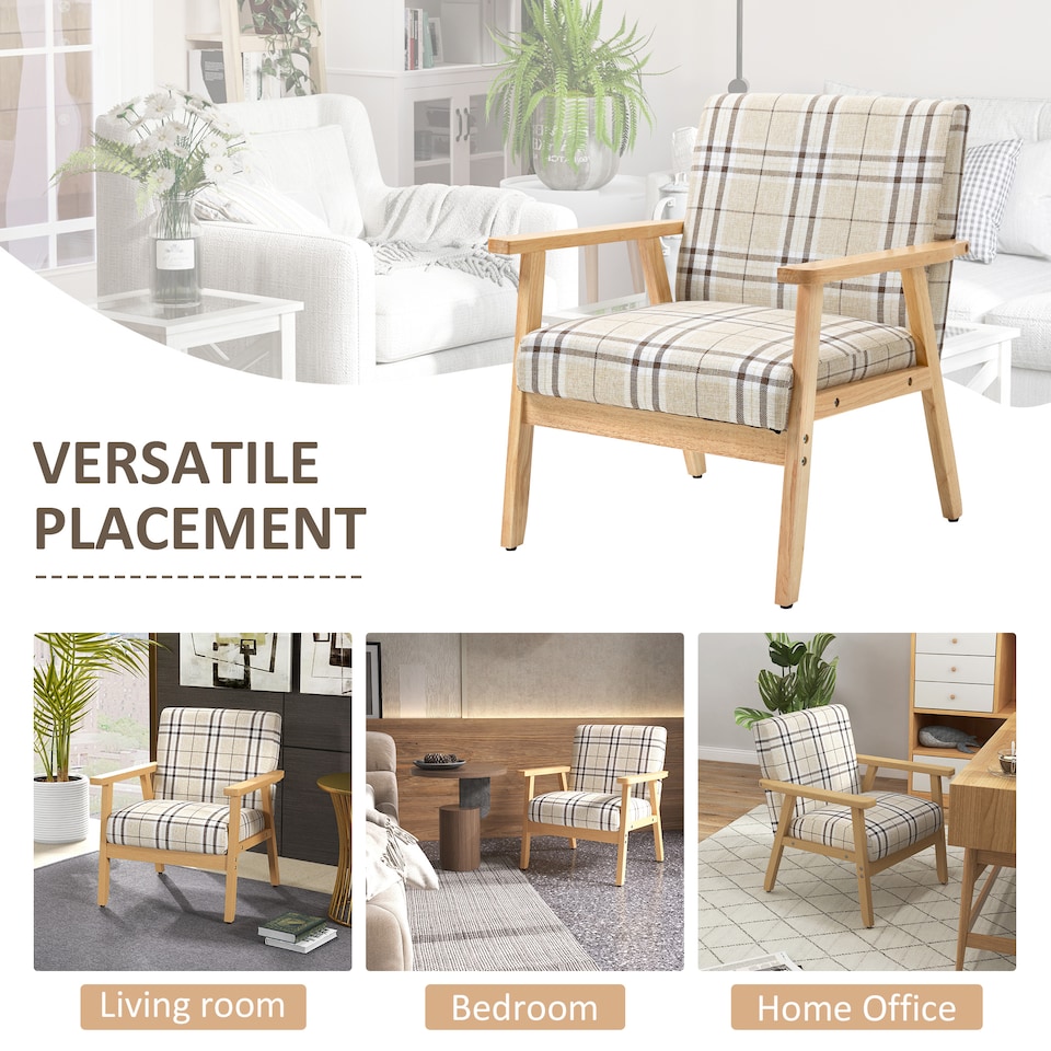 image 1 of HOMCOM Modern One Seater Sofa for Living Room, Linen Fabric Small Couch with Rubber Wood Frame, Armrests, Lattice Pattern, Upholstered Armchair, Beige