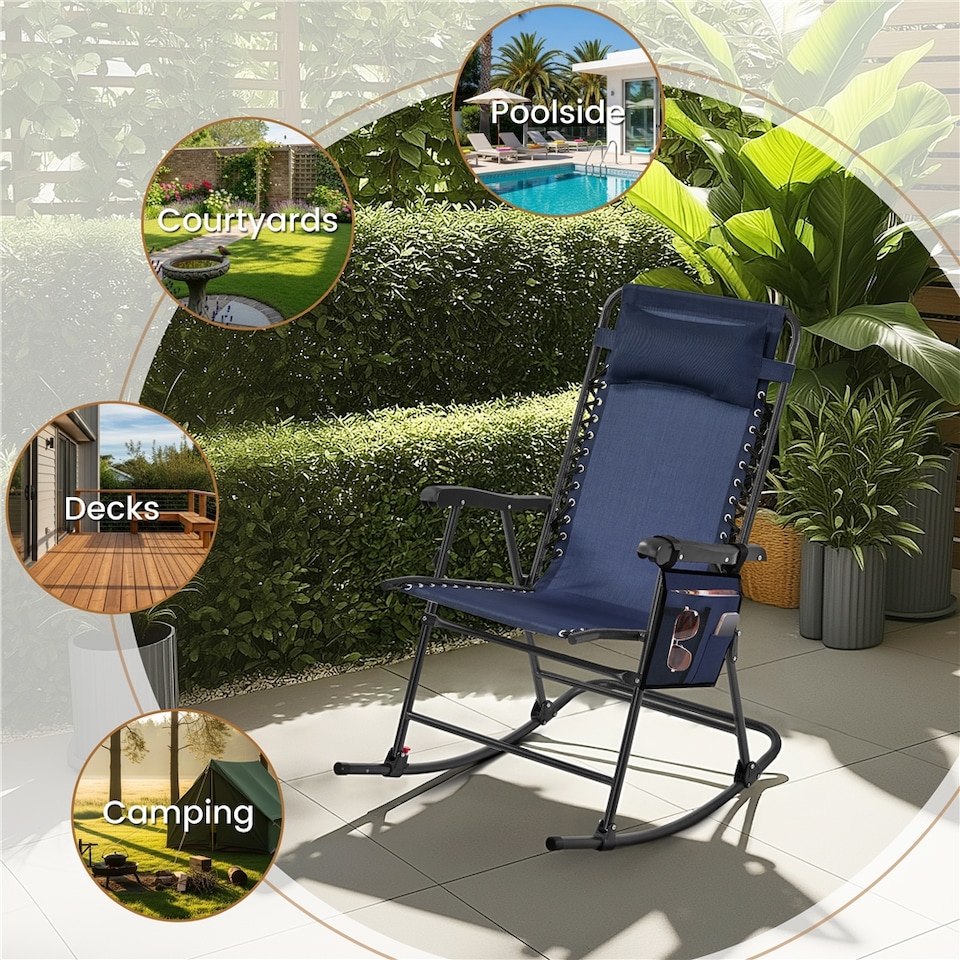 image 1 of Yaheetech 65.5 cm W Foldable Rocking Lounger with Pillow-Navy Blue | Blue | Navy Blue | One Size | 1