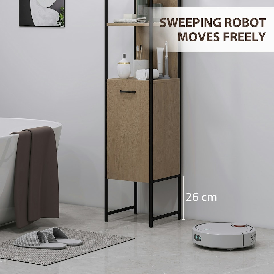 image 1 of HOMCOM Tall Bathroom Cabinet with 3 Open Shelves Adjustable Shelf, Natural | Brown | Black | 33 x 33 x 185 cm