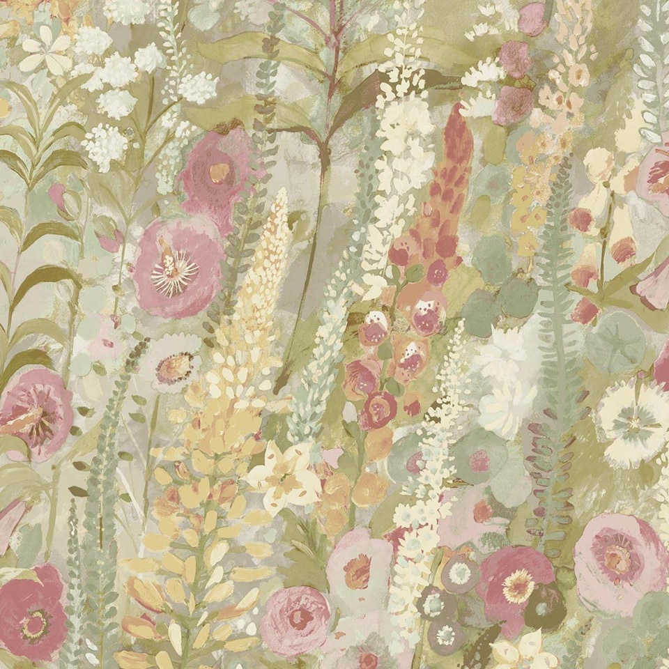 image 1 of Watercolour Floral Wallpaper Lupin Sage Green Pink Red Yellow Flower Home Decor