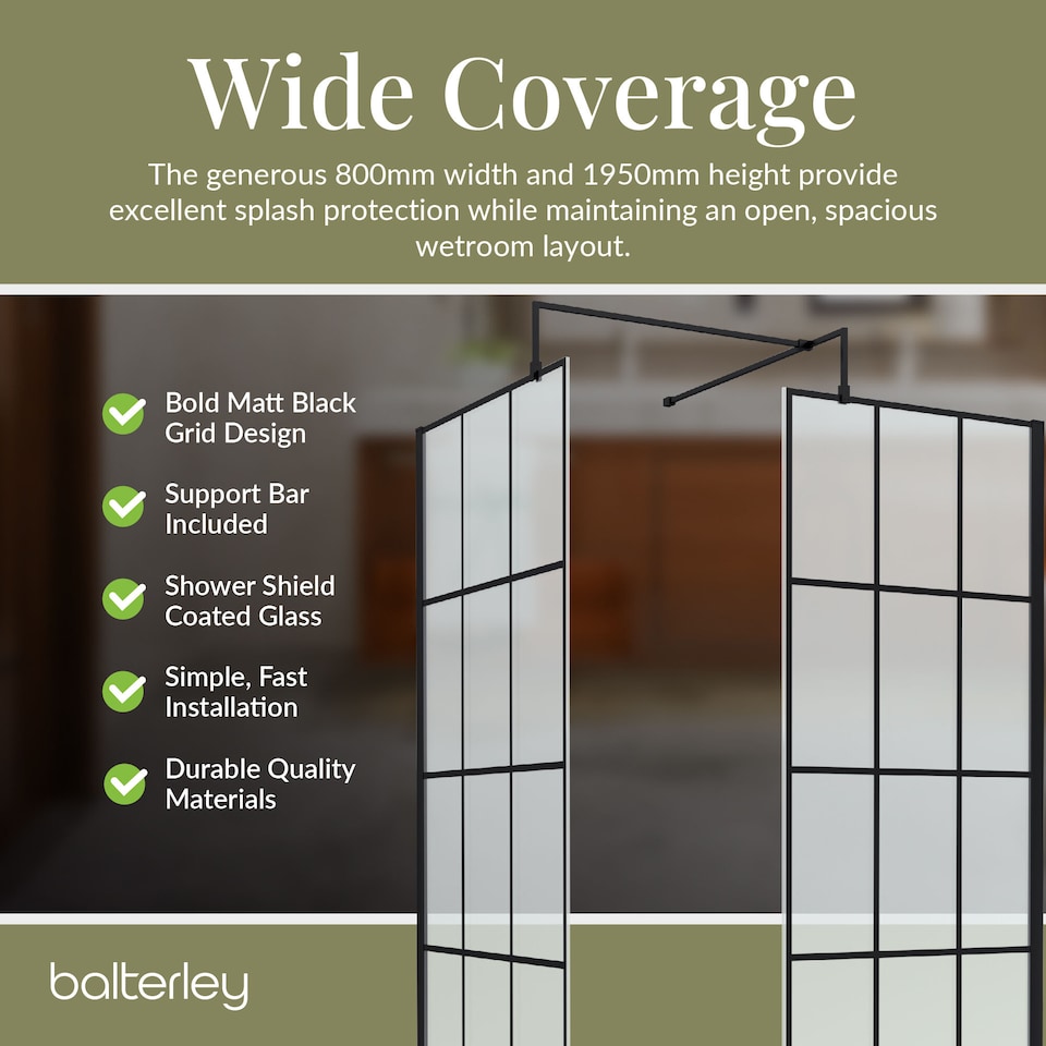 image 1 of Balterley Glass Walk In Wetroom Screens with Framed Design and Shower Tray | Black | Matt Black
