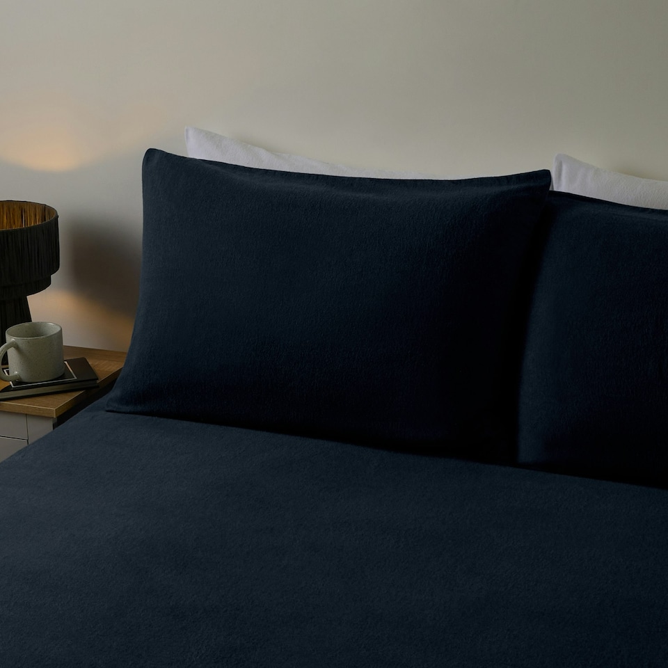 image 1 of OHS 100% Brushed Cotton Soft Cosy Fleece 2 Pack Pillowcases Blue | Navy