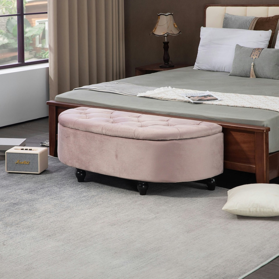 image 1 of HOMCOM Semi-Circle Storage Ottoman Bench Tufted Upholstered Pink