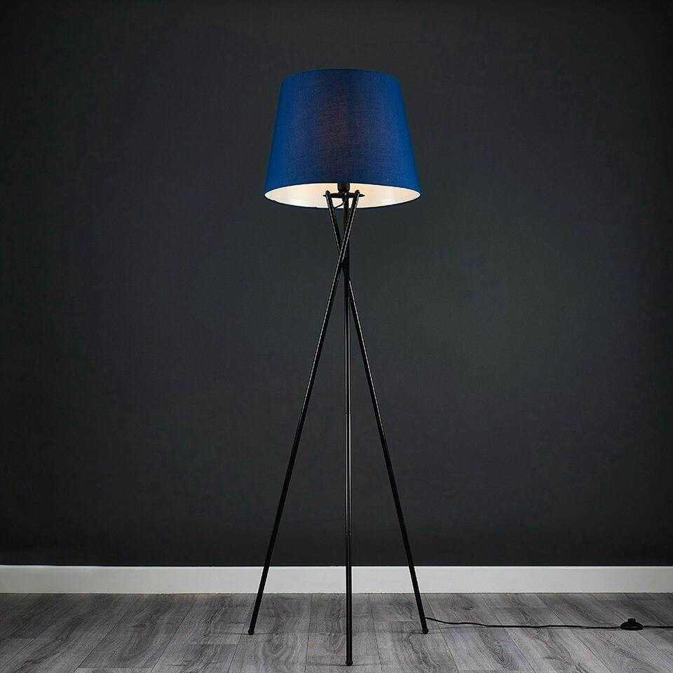 image 1 of ValueLights Camden Black Tripod Floor Lamp Navy Blue Taper Shade & Bulb Blue