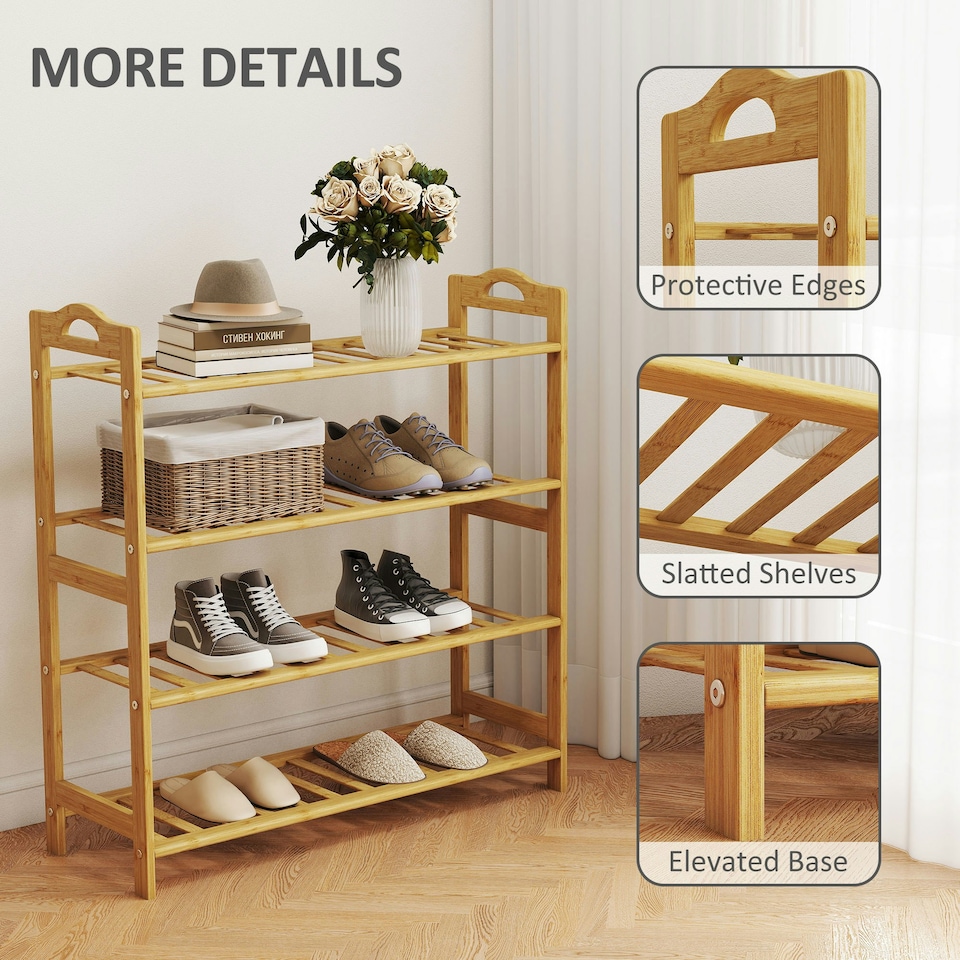 image 1 of HOMCOM 4-Tier Shoe Rack, Bamboo Shoe Shelf Stand, Natural Wood Finish Brown