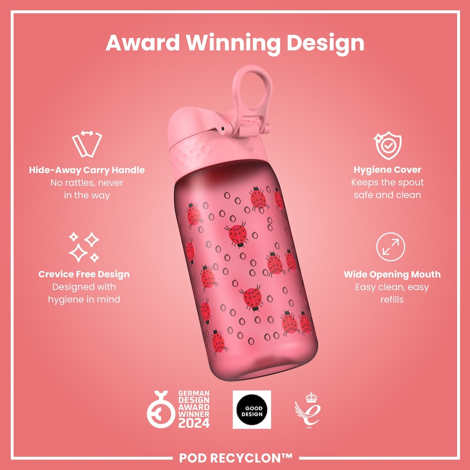 image 1 of Leak Proof Kids Water Bottle, BPA Free, 350ml (12oz) | Pink | Ladybugs | One Size