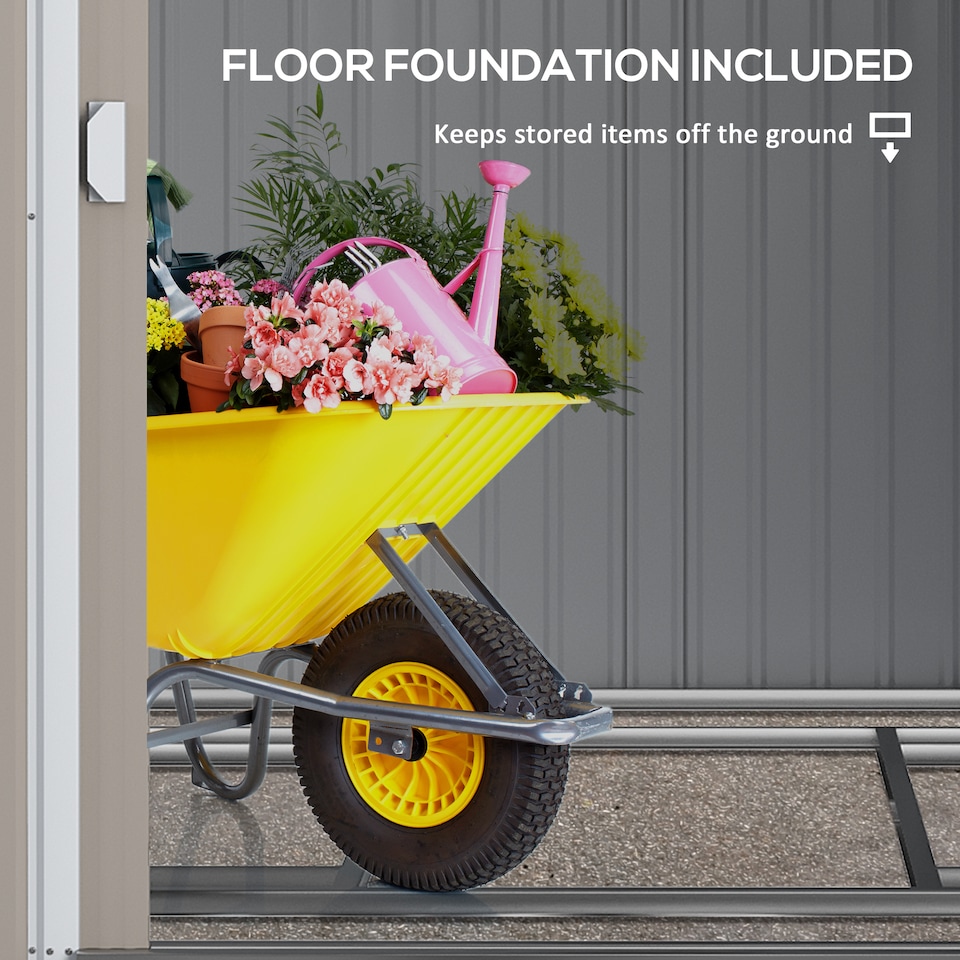 image 1 of Outsunny 7 x 5FT Galvanised Metal Garden Shed with Foundation, Lean to Shed, Tool Storage House with Sliding Doors, 2 Vents, Adjustable Shelves and Hooks, White