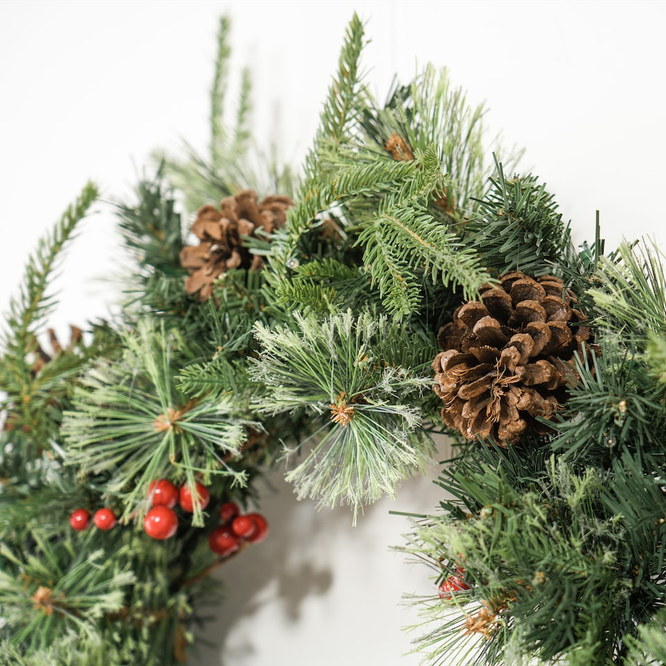 image 1 of HOMCOM 60cm Christmas Wreath with LED Lights Pine Cones Red Berries Green