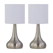 Set of 2 Romana - Brushed Chrome Touch Operated Table Lamps Bedside Lights White Pleated Shade Silver | White