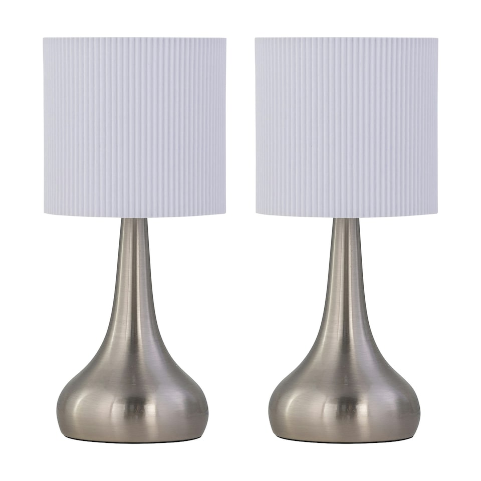 image 1 of Set of 2 Romana - Brushed Chrome Touch Operated Table Lamps Bedside Lights White Pleated Shade Silver | White