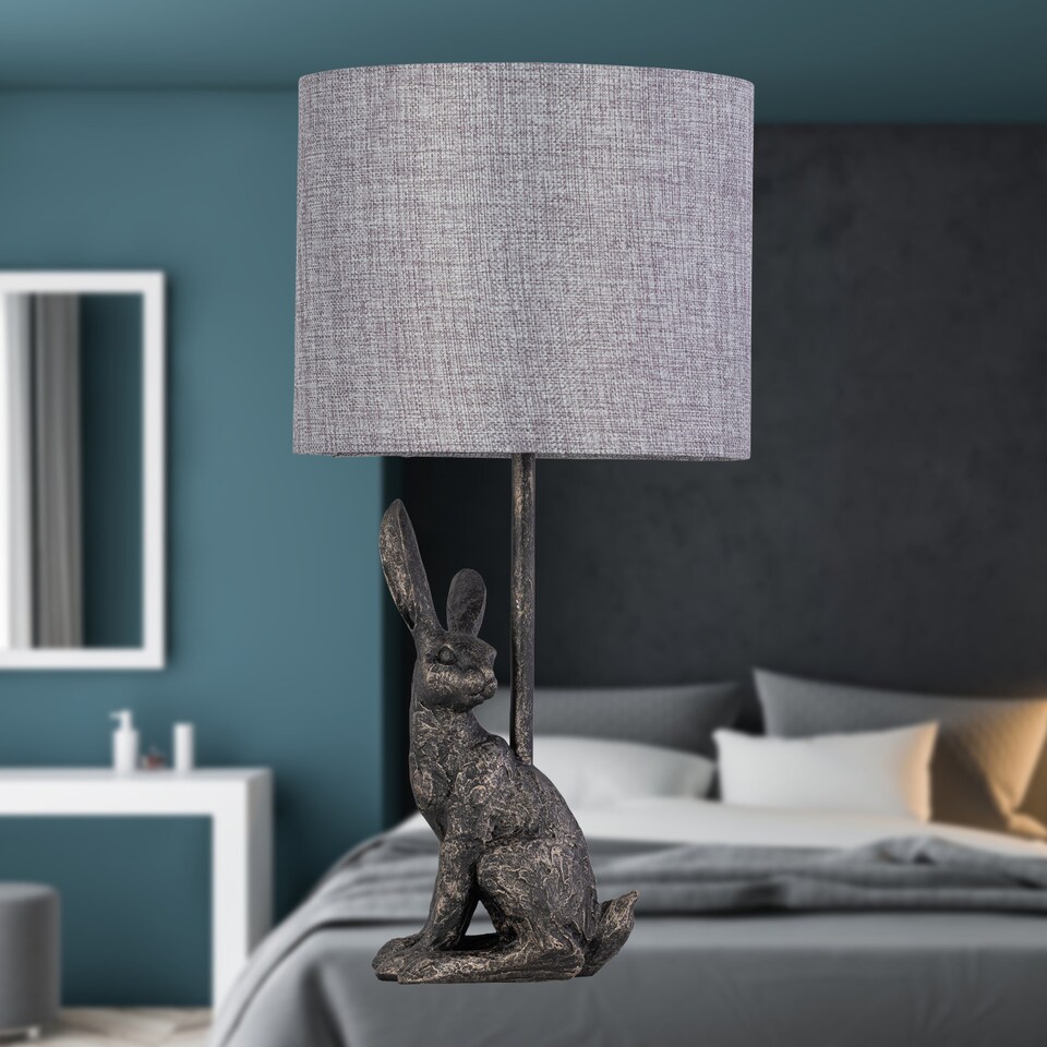 image 1 of Set of 2 Henrietta - Antique Gold Rabbit Table Lamps Grey Linen Shade | Gold | Antique gold resin and grey linen | 2