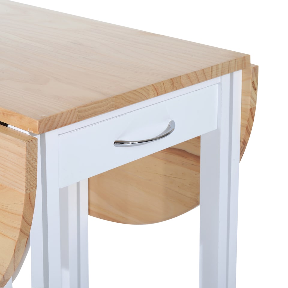 image 1 of HOMCOM 3 Pieces Dining Room Set, Mobile Foldable Dining Table and 2 Stools with Storage Shelf, 2 Drawers and 6 Wheels, Drop Leaf Bar Table and Stools for Home Kitchen Pub, White