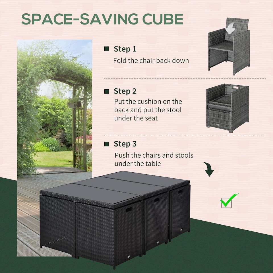 image 1 of Outsunny 10 Seater Cube Rattan Dining Set W/ Cushions Glass Top Table Black