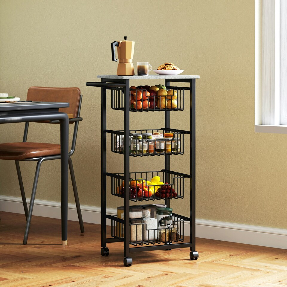 image 1 of HOMCOM 4-Tier Kitchen Island on Wheels with 4 Pull-Out Baskets, Light Grey