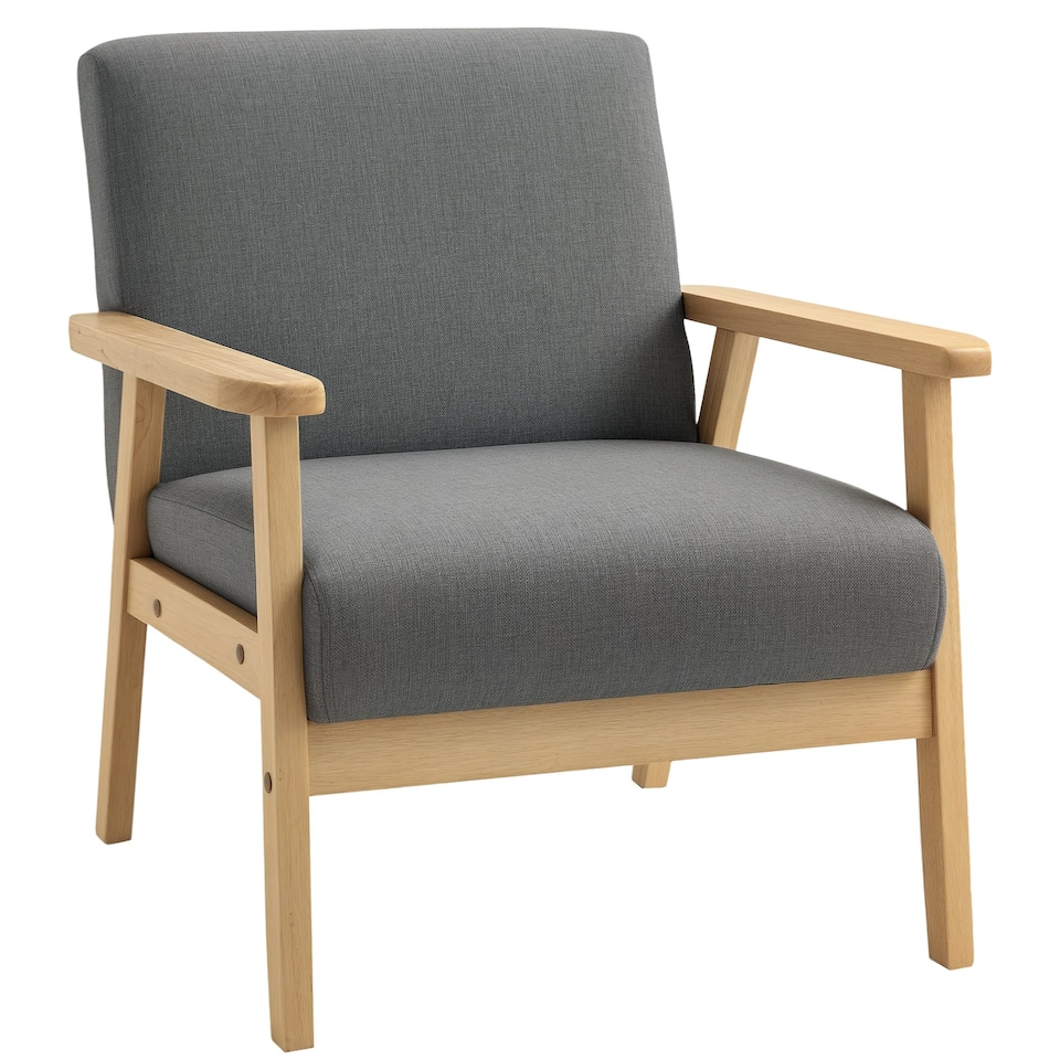 image 1 of HOMCOM Accent Chair with Wood Frame Wide Seat Linen Armchair Grey