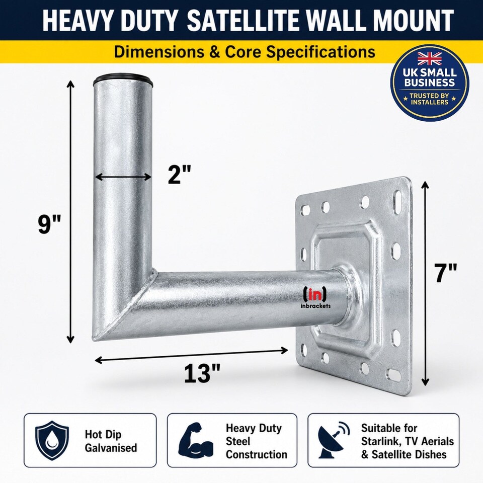 image 1 of Inbrackets Heavy Duty 2" Satellite L Shaped Wall Bracket Galvanised for Starlink, Sky and TV Aerial