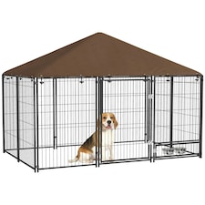 PawHut Outdoor Dog House Kennel with Canopy Top & Lock Rotating Bowl Holder
