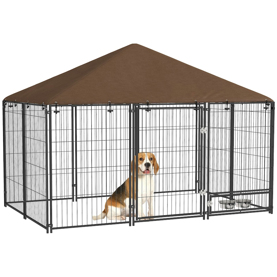 image 1 of PawHut Outdoor Dog House Kennel with Canopy Top & Lock Rotating Bowl Holder