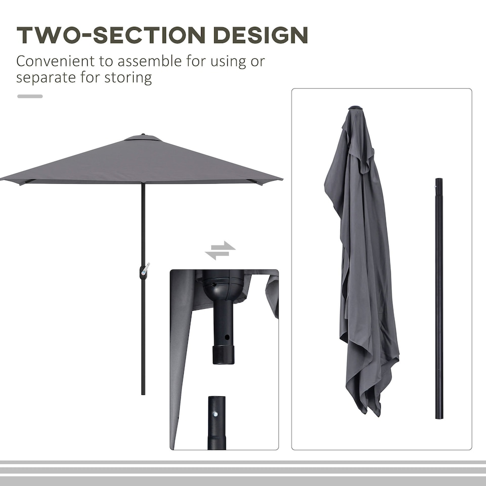 image 1 of Outsunny 2.3m Garden Balcony Half Round Umbrella Metal Parasol Umbrella Grey