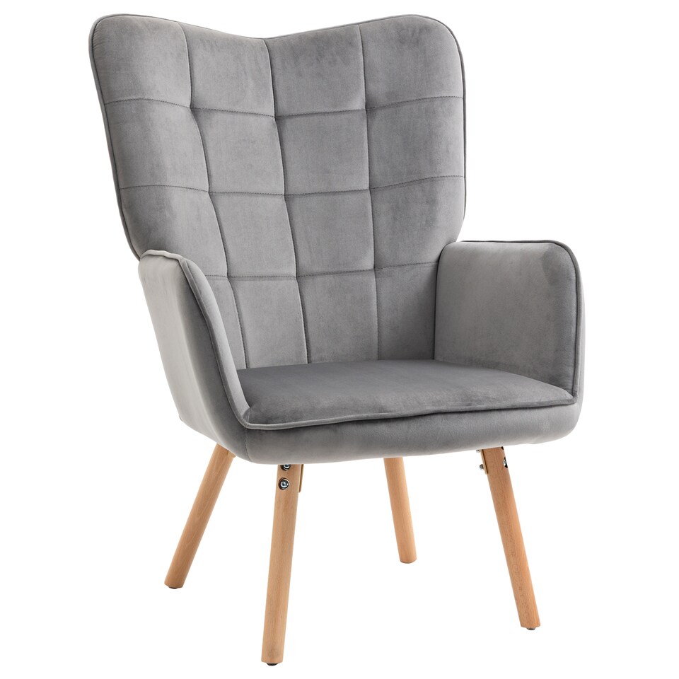 image 1 of HOMCOM Modern Accent Chair, Upholstered Tufted Wingback Armchair with Seat Padding, Velvet Leisure Lounge Bedroom Chair with Wood Legs, Grey