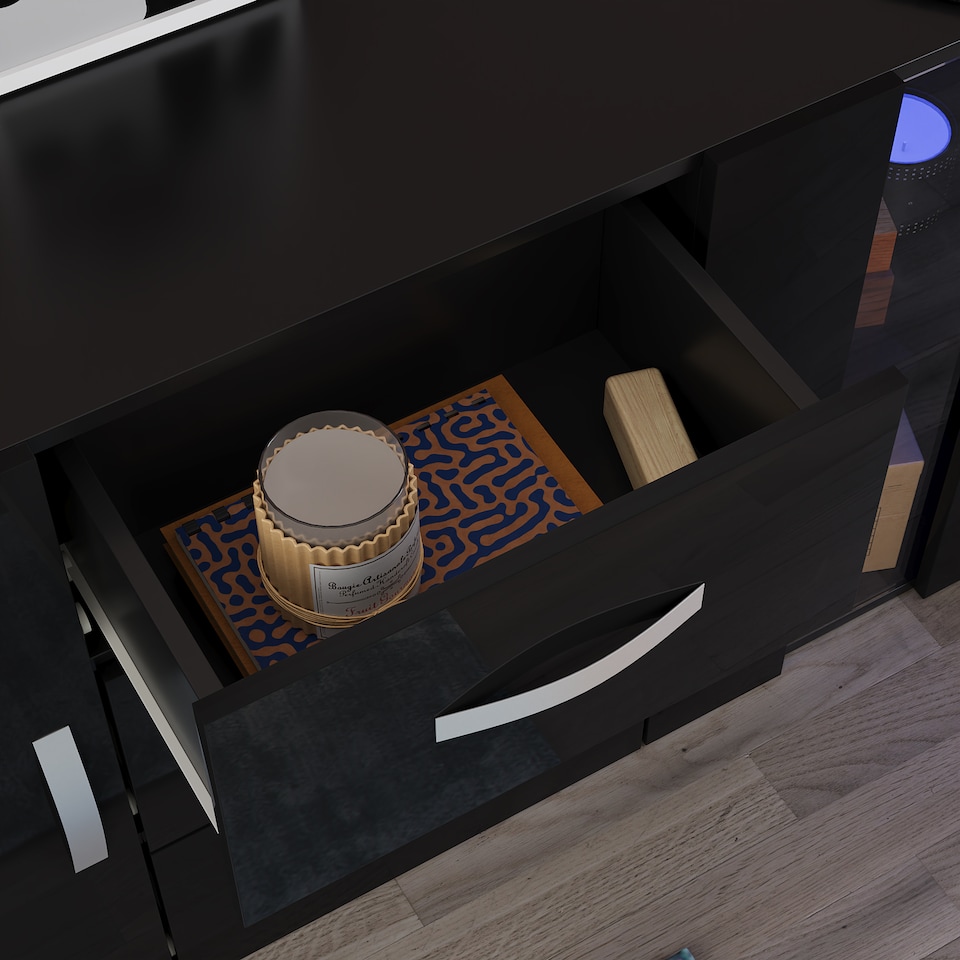 image 1 of Vida Designs Astro 2 Door 3 Drawer LED Sideboard Buffet Cabinet Storage, Black | Black | 1