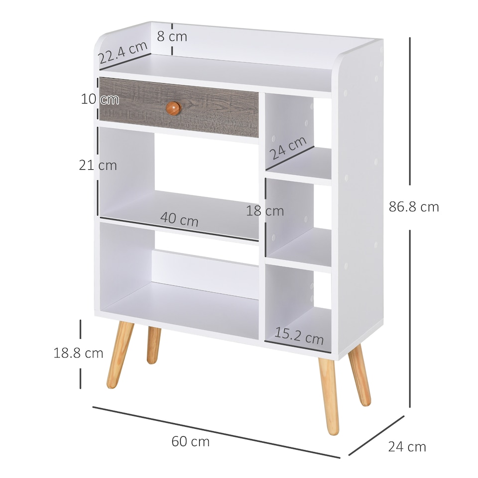 image 1 of HOMCOM Bookcase, Freestanding Book Shelf with Storage Drawer, 6 Shelves and Wood Legs for Home Office Display, White and Grey, 24D x 60W x 86.8H cm