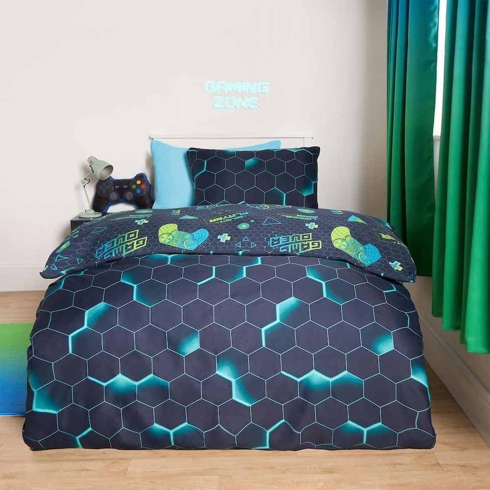 image 1 of OHS Kids Neon Gaming Geo Reverse Duvet Cover and Pillowcase Bedding Set, Double - Green/Blue