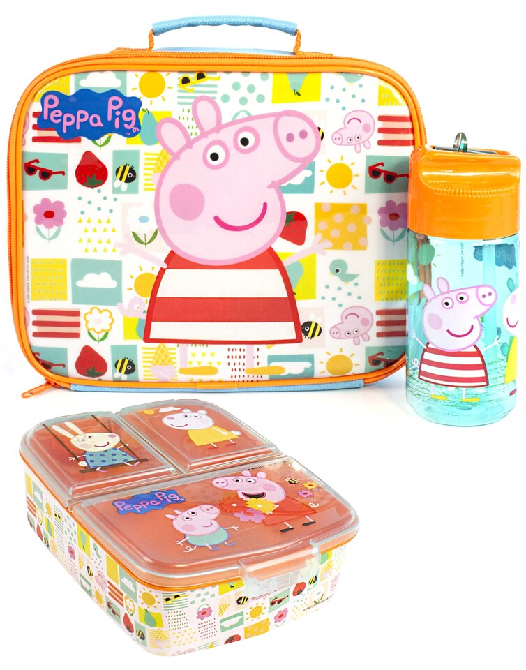 image 1 of Peppa Pig Lunch Box Set for Kids | School Food Bag, Water Bottle & Snack Pot | Adventure with George Pig, Rebecca Rabbit, Suzy Sheep | Carry Peppa's Adventure Everywhere Lunch Set