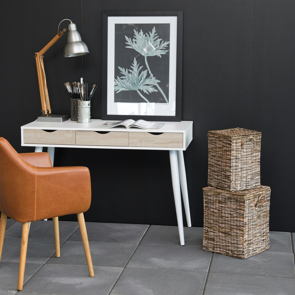 image 1 of Neptun 3 Drawer Desk in White with 3 Oak Drawers