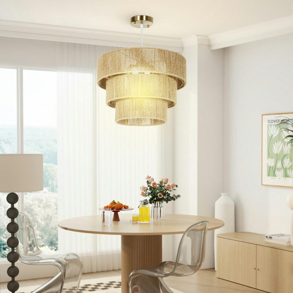 image 1 of HOMCOM Boho Hemp Rope Pendant Light, Ceiling Light for Bedroom, Light Brown