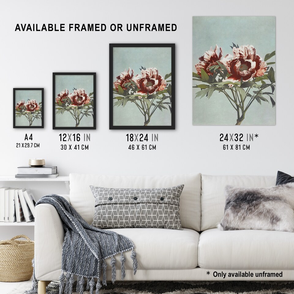 image 1 of Tree Peonies Pink Flower Blooms Vintage Wall Art Print Kazumasa 12x16"