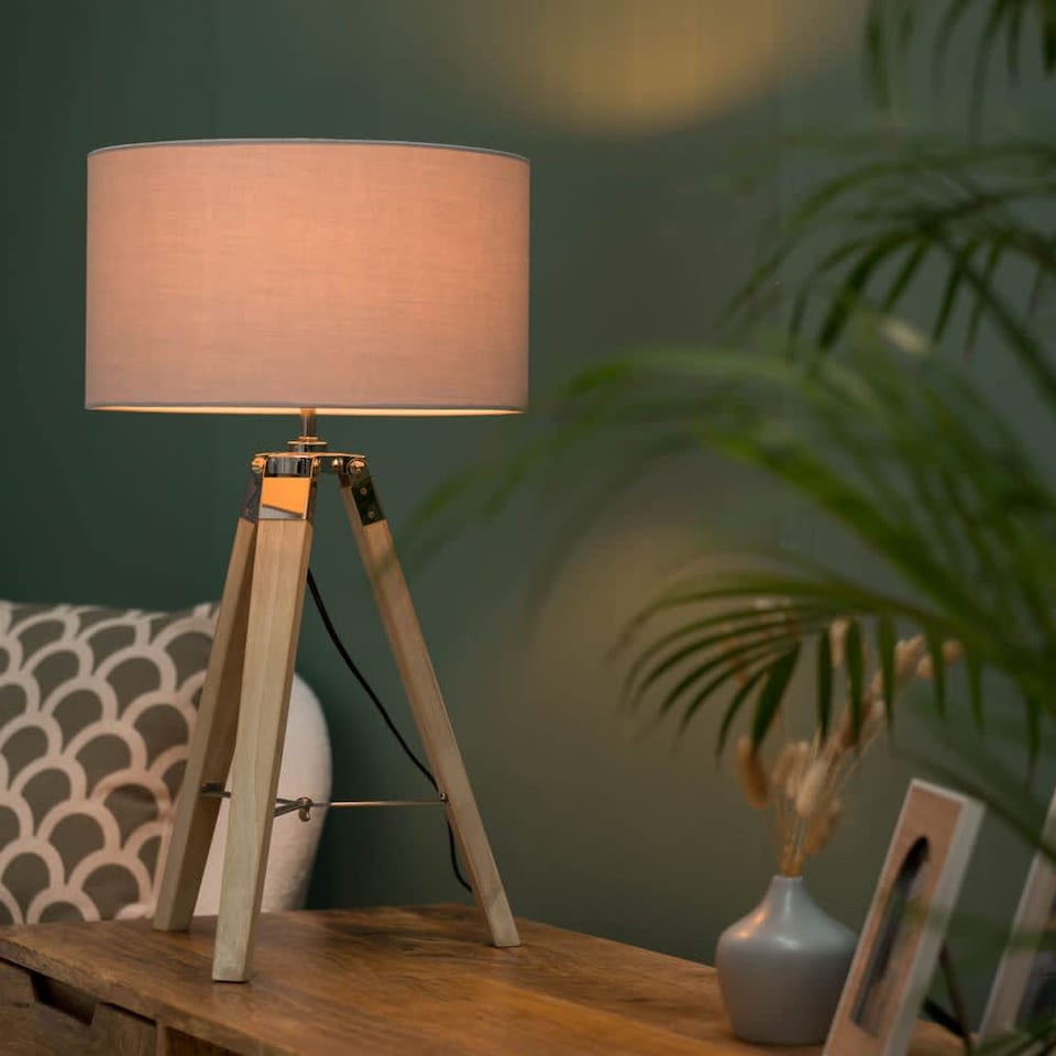 image 1 of ValueLights Clipper Light Wood Tripod Table Lamp Grey Shade