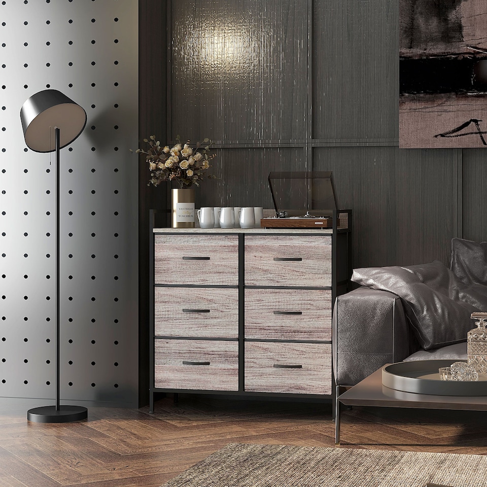 image 1 of HOMCOM Bedroom Chest of Drawers, Fabric Dresser with 6 Drawers, Storage Organiser Unit with Open Shelf and Metal Frame for Living Room, Entryway, Grey Wood Effect