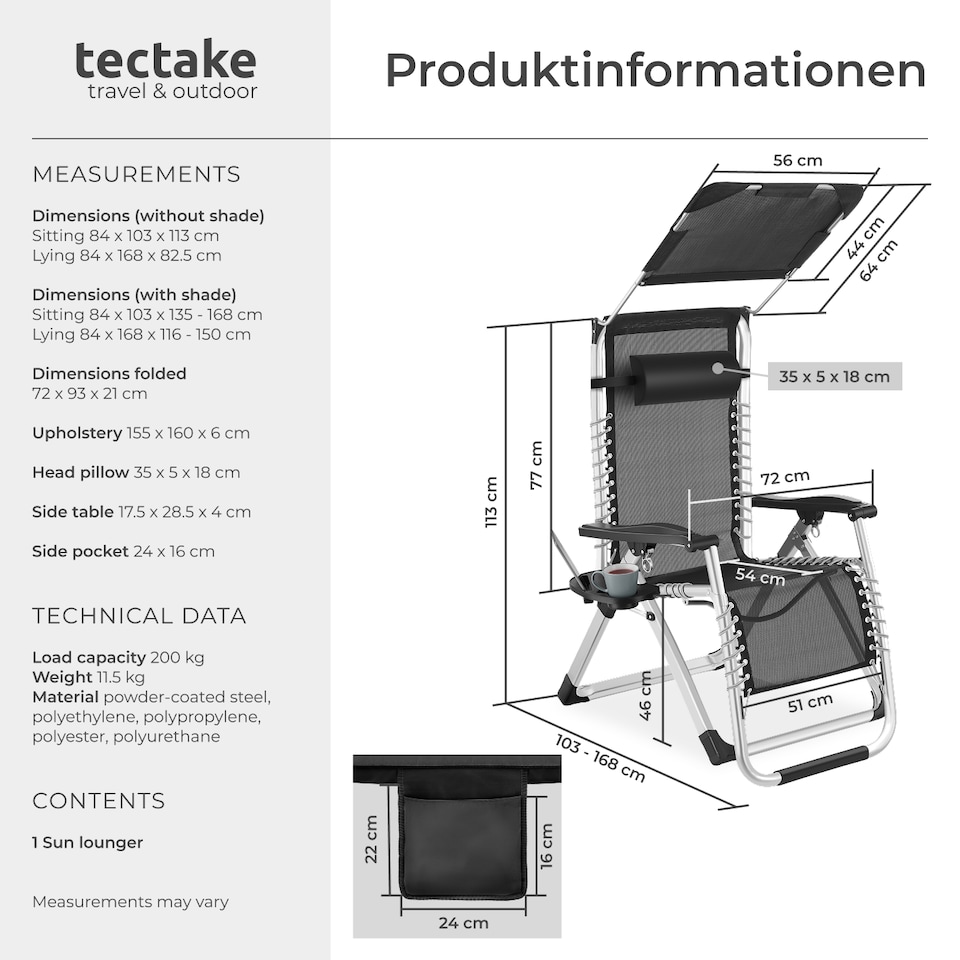 image 1 of Sun Lounger Cirrus with Plush Padding, Built-in Sun Shade and Folding Function | Black | black | One Size | 1