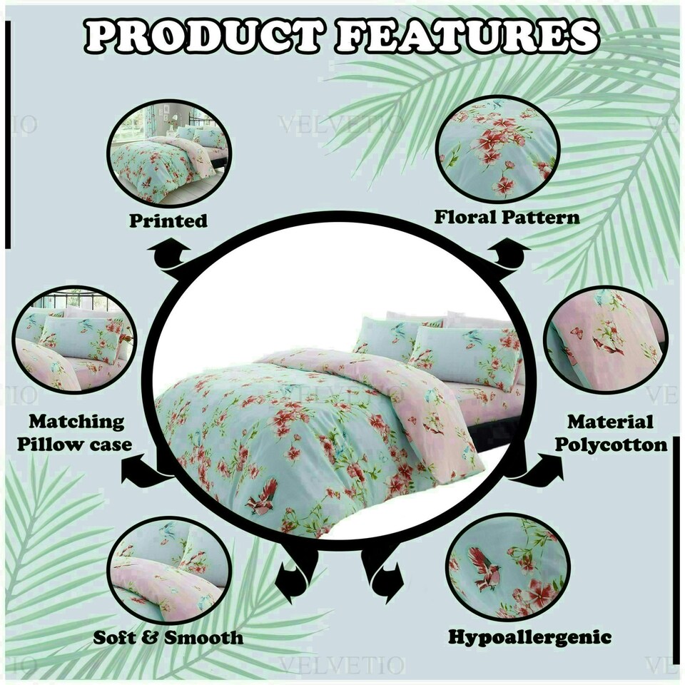 image 1 of VELVETIO Birdie Blossom Printed Duvet Cover Set Reversible Polycotton Beddings Blue | Double