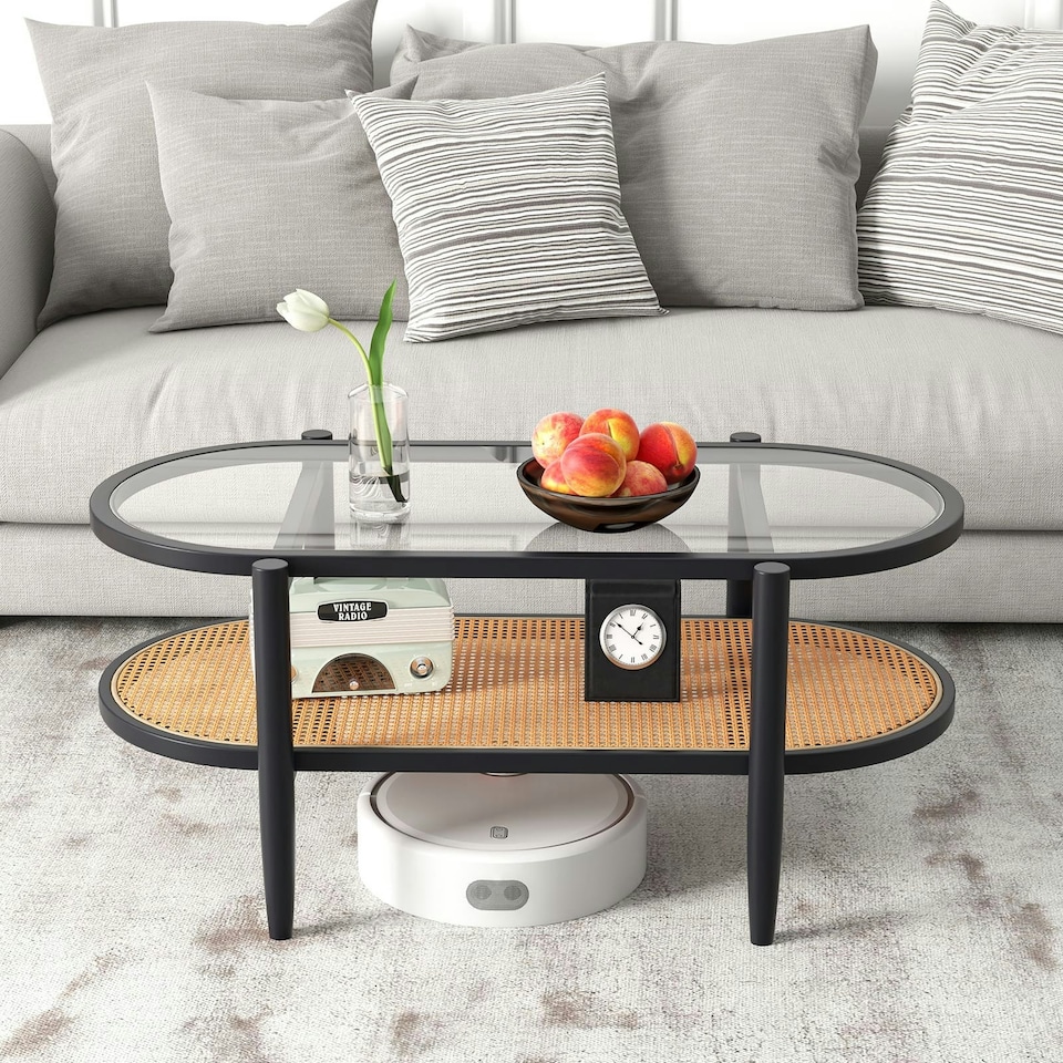 image 1 of COSTWAY 2-Tier Coffee Table Rattan Center Table with Storage Black