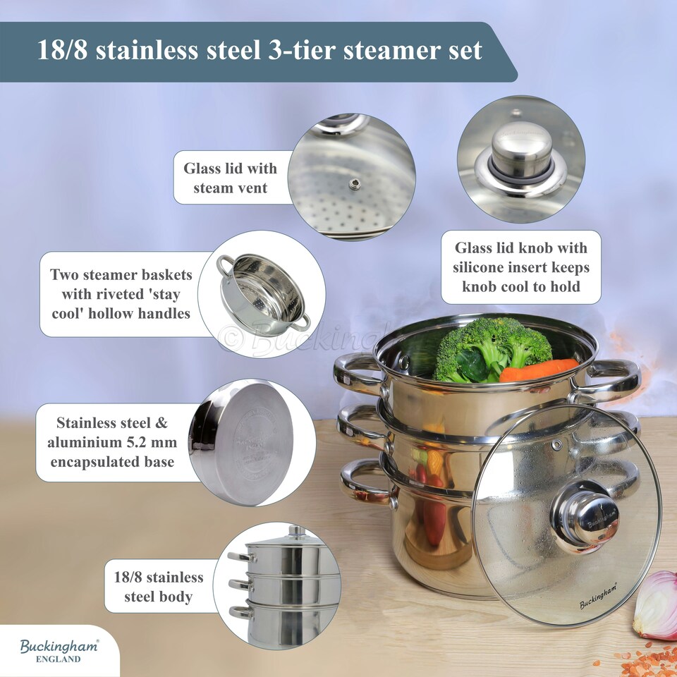 image 1 of Buckingham Stainless Steel 3 Tier Steamer Set 18 cm  Premium Quality