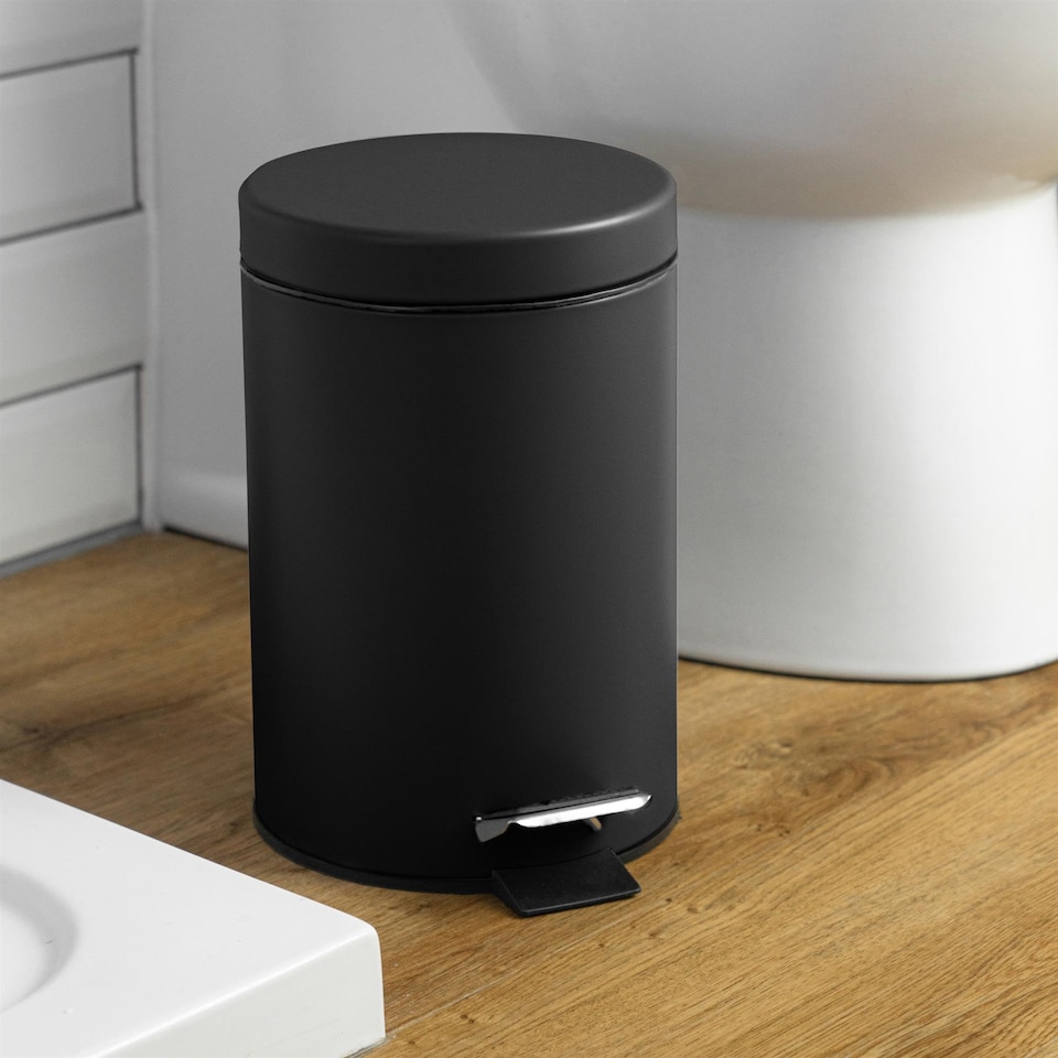 image 1 of Harbour Housewares Bathroom Pedal Bin - 3L - Matt Black - Round Stainless Steel Slim Rubbish Dustbin Lid and Inner Liner Bucket