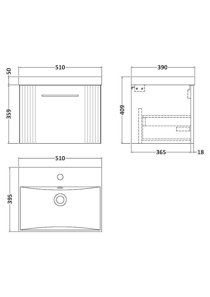 image 1 of Balterley Partial Fluted 1 Drawer Wall Hung Vanity Unit with 1 Tap Hole Thin-Edge Basin | Blue | Satin Blue