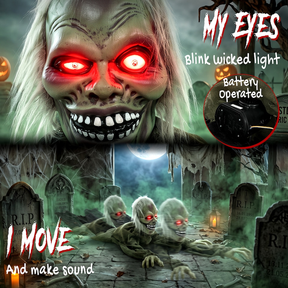 image 1 of HOMCOM Animatronic Crawling Zombie with Light-Up Eyes and Creepy Sound