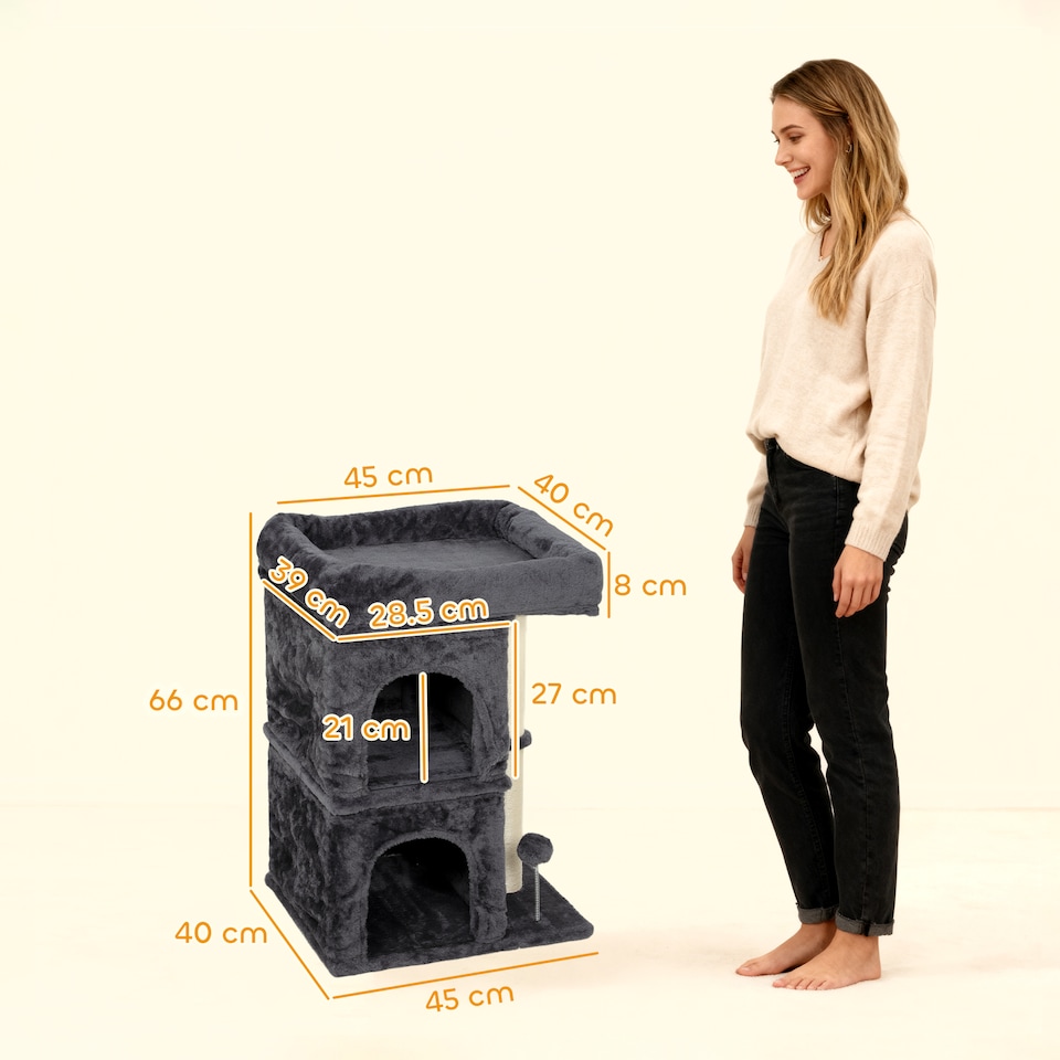 image 1 of PawHut 66cm Small Cat Tree for Large Adult Kittens Up to 7 KG, Cat Tower with Large Top Perch, 2 Condos, Sisal Scratching Post, Toy Ball, for Climbing, Relaxing, Playing, Dark Grey