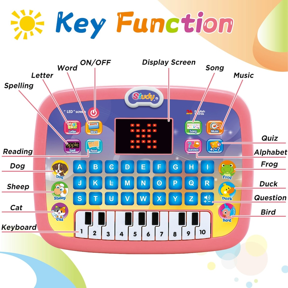 image 1 of Toddler Learning Tablet - Multi-Function Educational Musical Touch Pad with LED Screen, Piano, Animal Sounds, Numbers, Letters, and Quiz Modes for Kids (Pink)