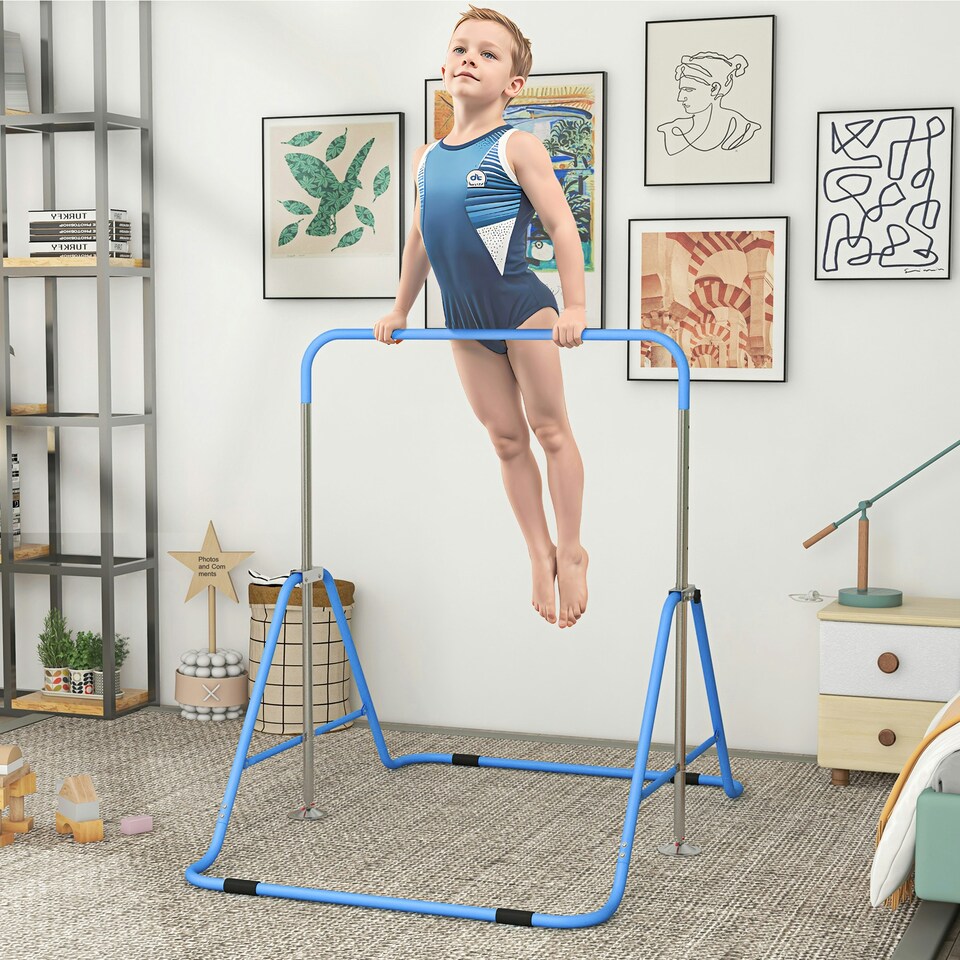 image 1 of HOMCOM Kids Gymnastic Bar w/ Adjustable Height, Foldable Training Bar - Blue | Blue | Sky Blue | 154L x 106.2W x 88.5-128.5H cm