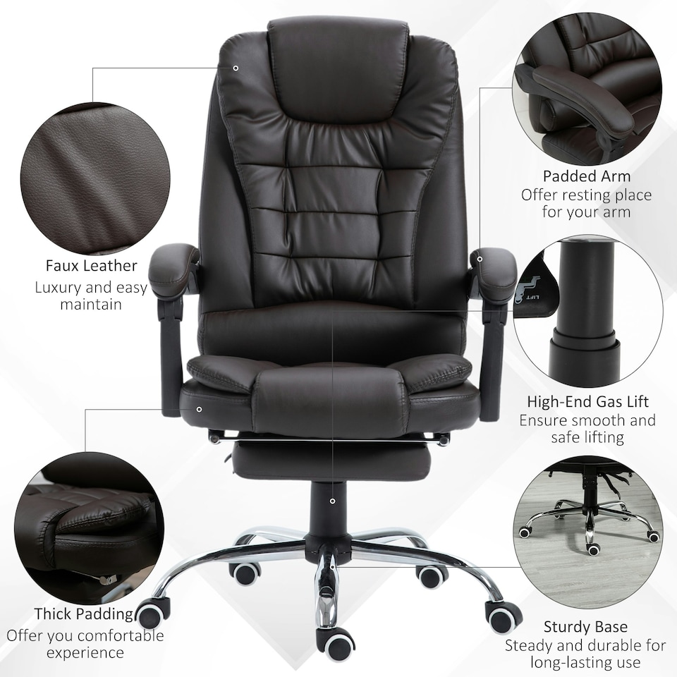 image 1 of HOMCOM PU Leather Executive Office Chair with Retractable Footrest, Brown