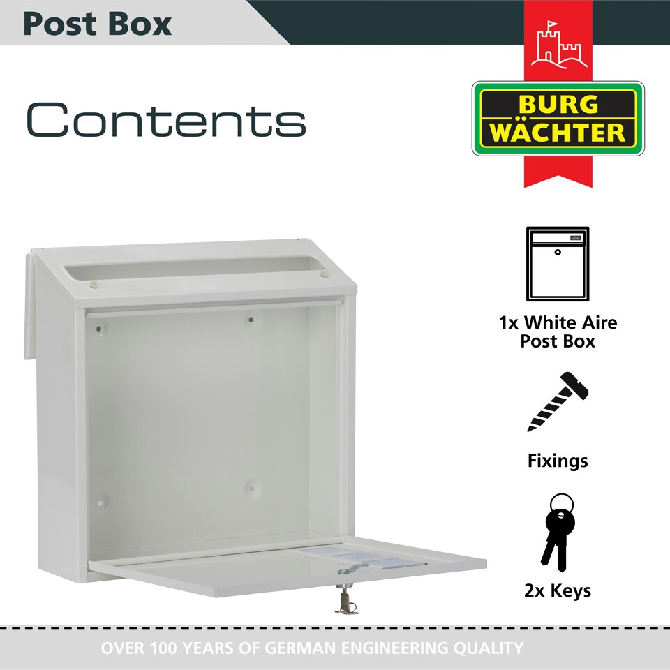 image 1 of Burg-Wachter Aire Wall Mounted Galvanised Steel Lockable Weatherproof Post Box - 37x37x11cm White