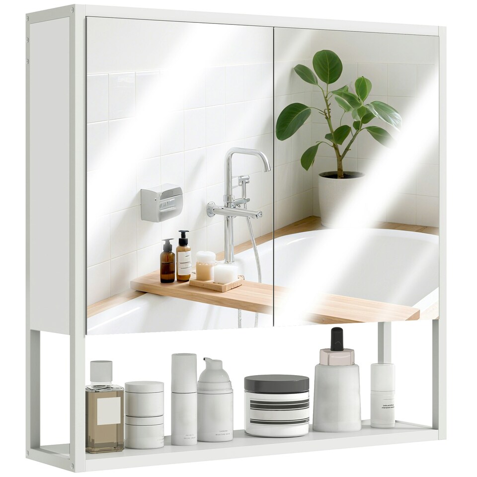 image 1 of HOMCOM Industrial Bathroom Cabinet with 2 Mirrored Doors Open Shelf Brown