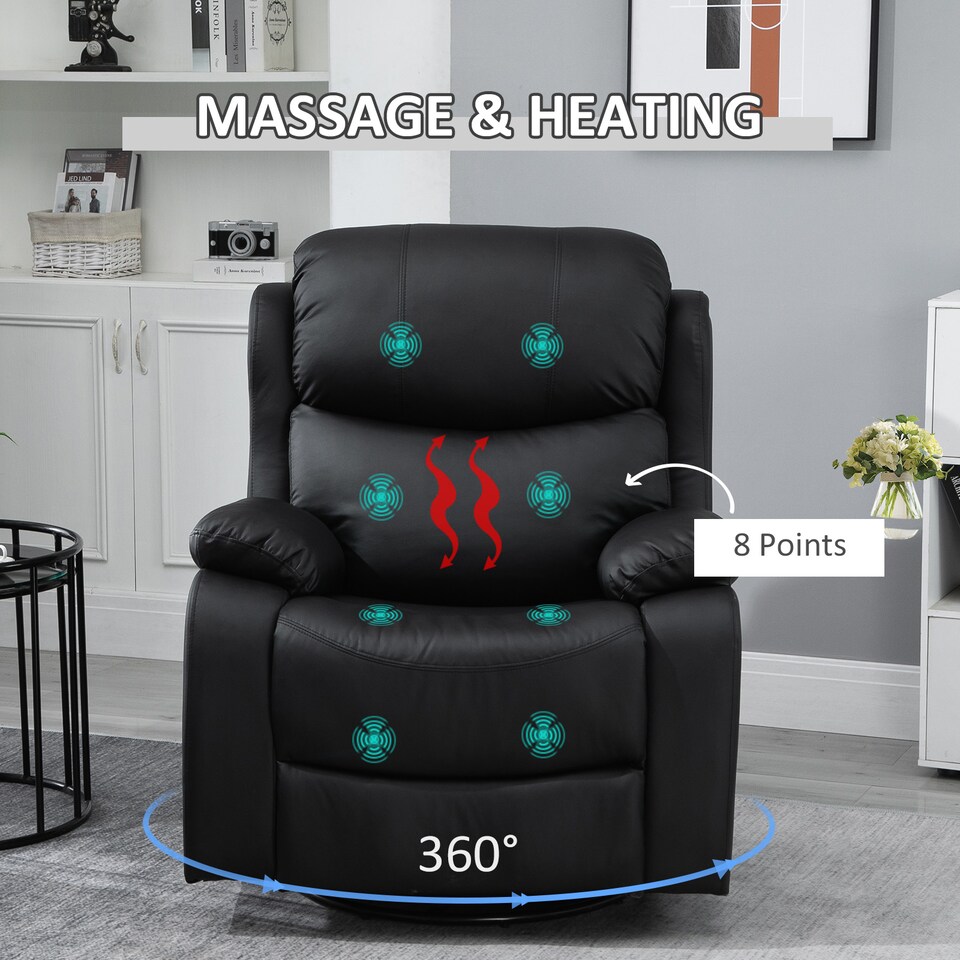 image 1 of HOMCOM PU Leather Massage Recliner Chair with 8 Points and Heat, Manual Reclining Chair with Swivel Base, Footrest and Remote, Rocking Armchair, Black