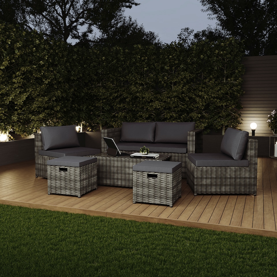 image 1 of Garden Vida Islay 6 Seater Rattan Outdoor BBQ Patio Set with 2 Seater Sofa, 2x Chairs, 2x Stools, Glass Top Coffee Table - Grey